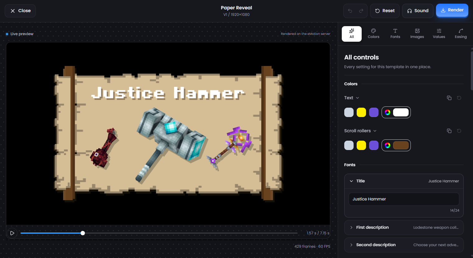 eMotion animation editor showing customisable colours, text and Minecraft assets