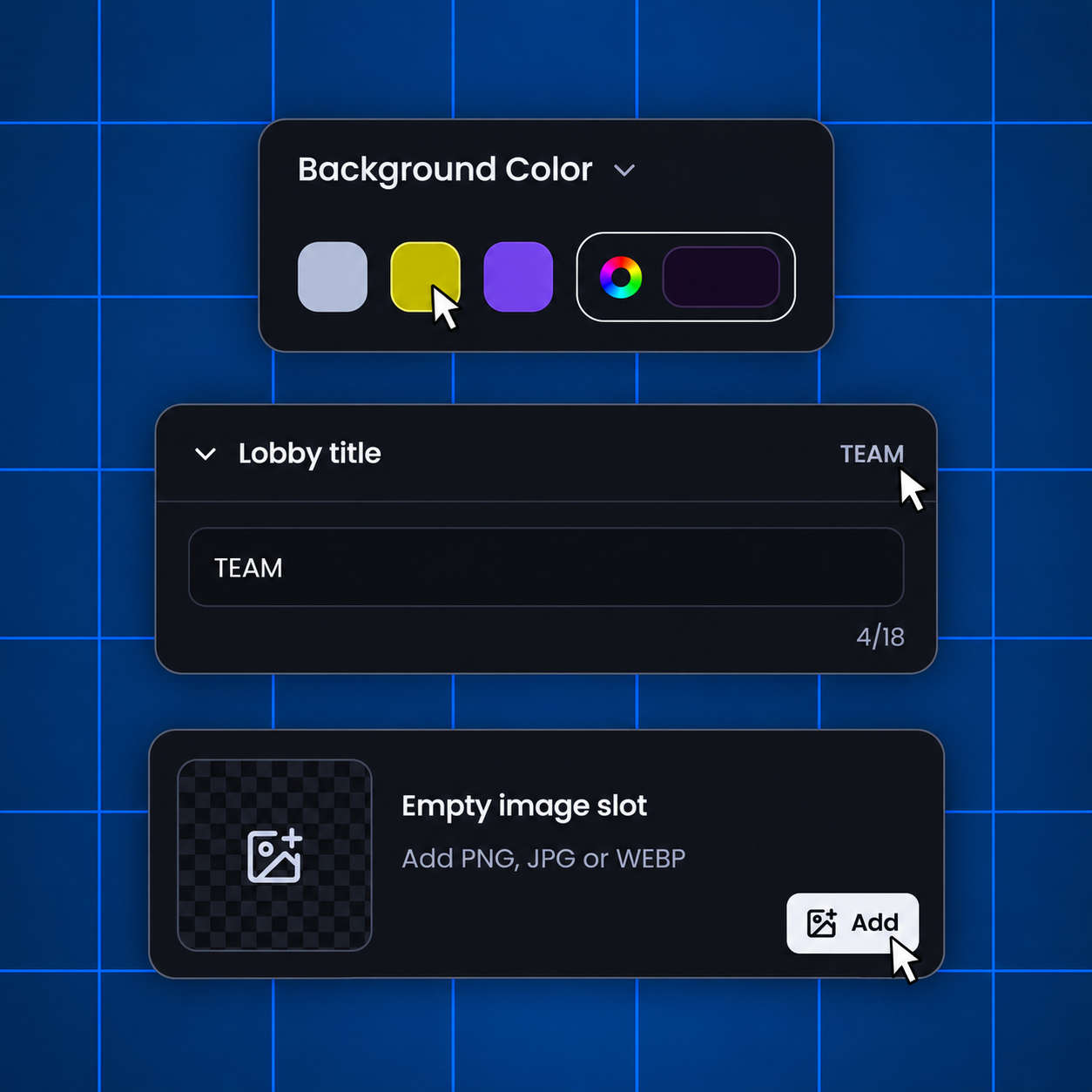 Animation colour, text and image customisation controls