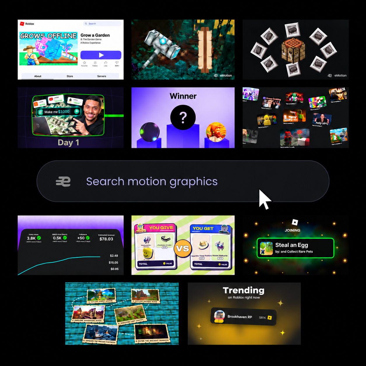 Animation gallery and motion graphics search interface